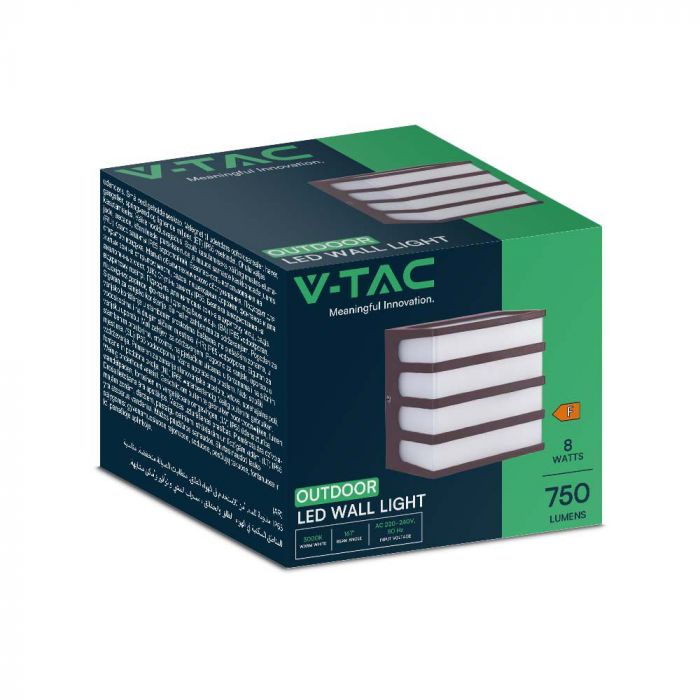 8W(820Lm) LED sienas gaismeklis, IP65, V-TAC, kvadrāta, brūns, neitrāli balta gaisma 4000K