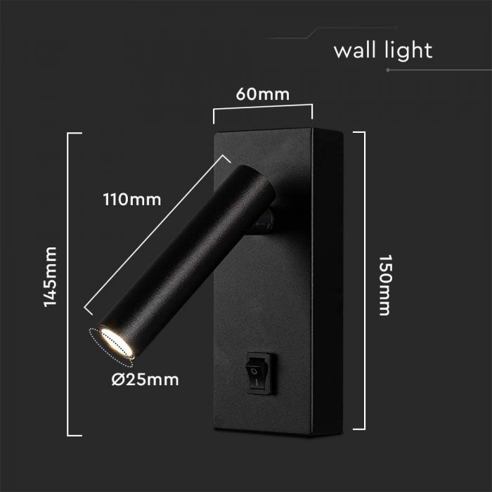 2W(150Lm) LED wall light with built-in LED, V-TAC, IP20, black, warm white light 3000K