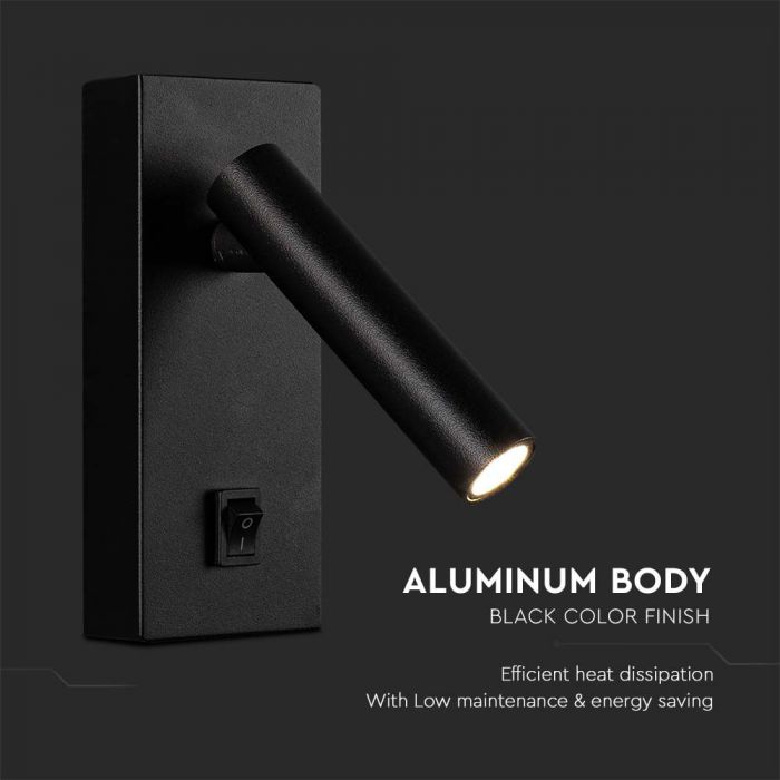 2W(150Lm) LED-väggarmatur med integrerad LED, V-TAC, IP20, svart, neutralvit 4000K