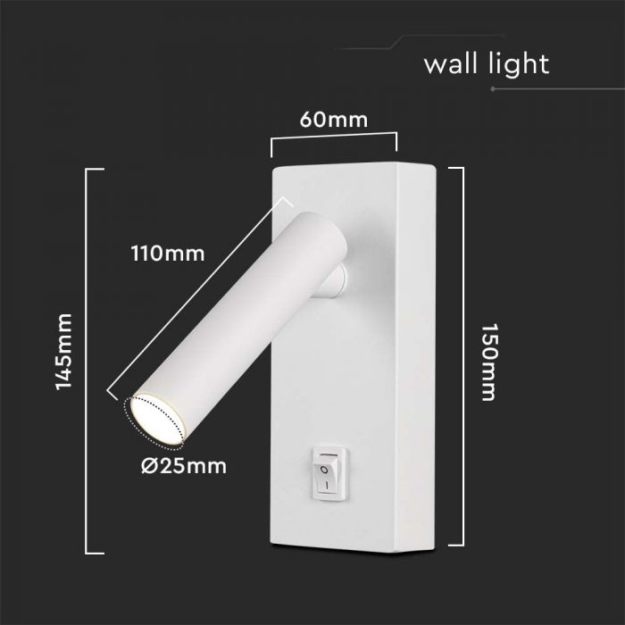 2W(150Lm) LED-väggarmatur med integrerad LED, V-TAC, IP20, vit, varmvitt ljus 3000K