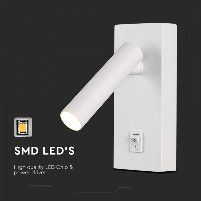 2W(150Lm) LED-väggarmatur med integrerad LED, V-TAC, IP20, vit, varmvitt ljus 3000K