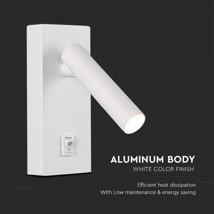 2W(150Lm) LED sienas gaismeklis ar iebūvētu LED, V-TAC, IP20, balts, neitrāli balta gaisma 4000K