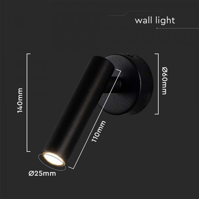 2W(150Lm) LED wall light with built-in LED, V-TAC, IP20, black, neutral white light 3000K