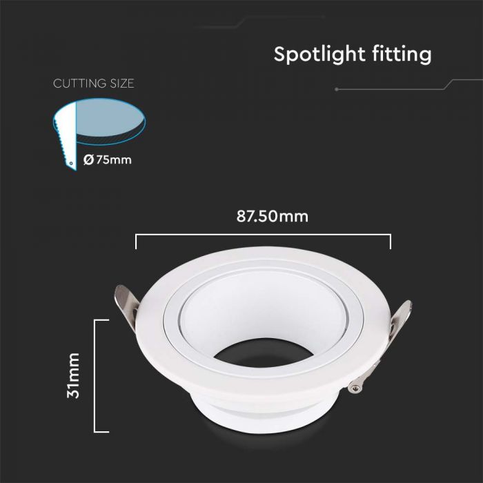 GU10 recessed frame/fixture, round, adjustable light direction, Ø87,5X31mm, recessed. Ø75mm, white, V-TAC