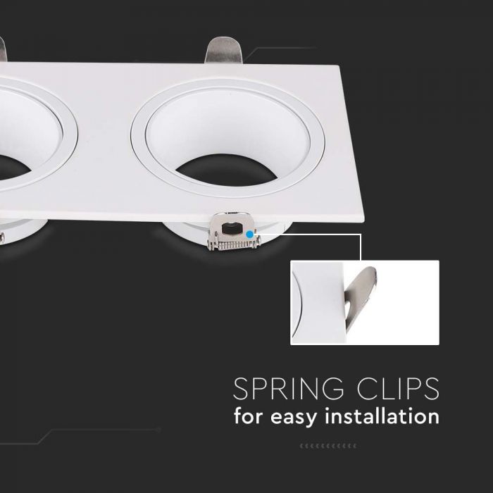 GU10 iebūvējams karkass/armatūra 2 spuldzēm, kvadrāta formas, regulējams apgaismojuma virziens, 175X88x31mm, iebūv. izm.160x75mm,  balts, V-TAC