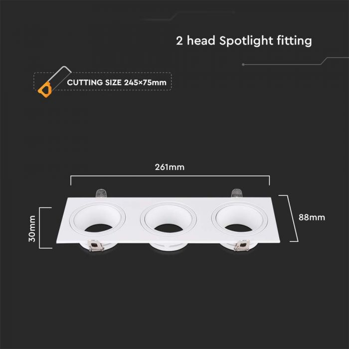 GU10 infälld ram/armatur för 3 glödlampor, kvadratisk form, justerbar ljusriktning, 261X88x31mm, infälld. 245x75mm, vit, V-TAC