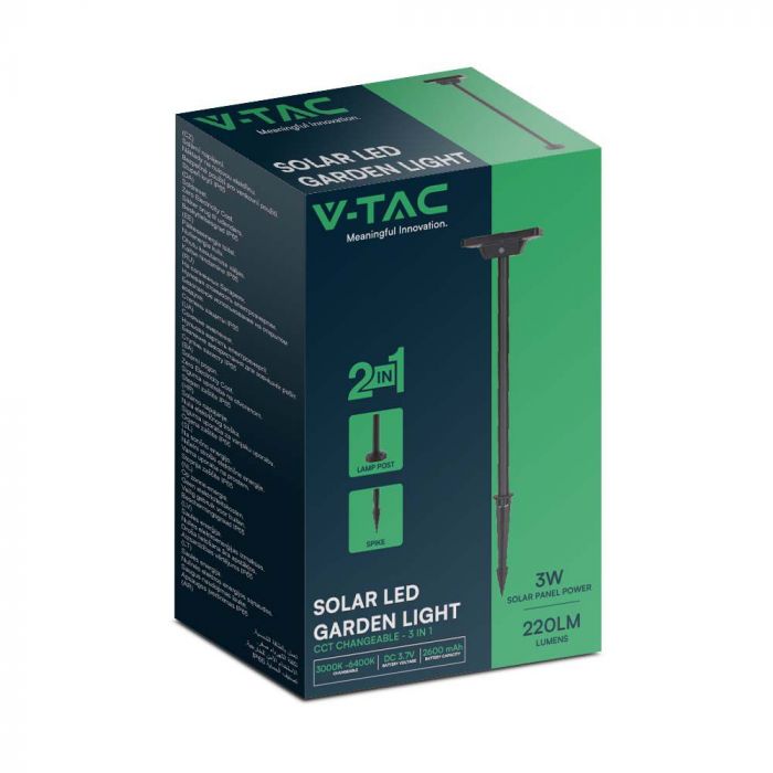 3W(220Lm) LED-solarmatur, markmontering, IP65, V-TAC, 3,7V, 2600mAh Li-ion-batteri, 3IN1, svart