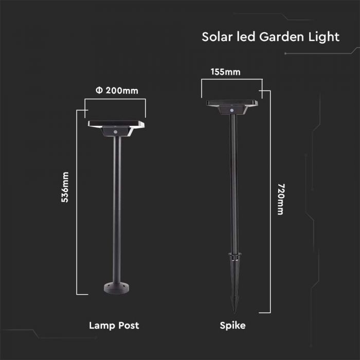 3W(220Lm) LED-solarmatur, markmontering, IP65, V-TAC, 3,7V, 2600mAh Li-ion-batteri, 3IN1, svart