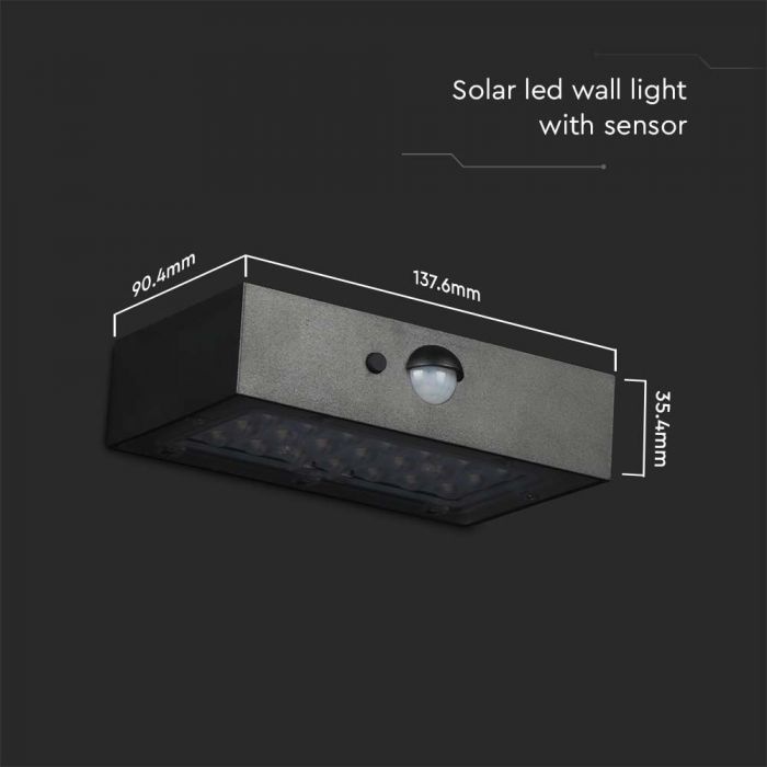 3W(350Lm) 21 LED solar front luminaire with sensor, 3.7V, Lithium 1200mAh Battery, IP65, black, 4000K+3000K