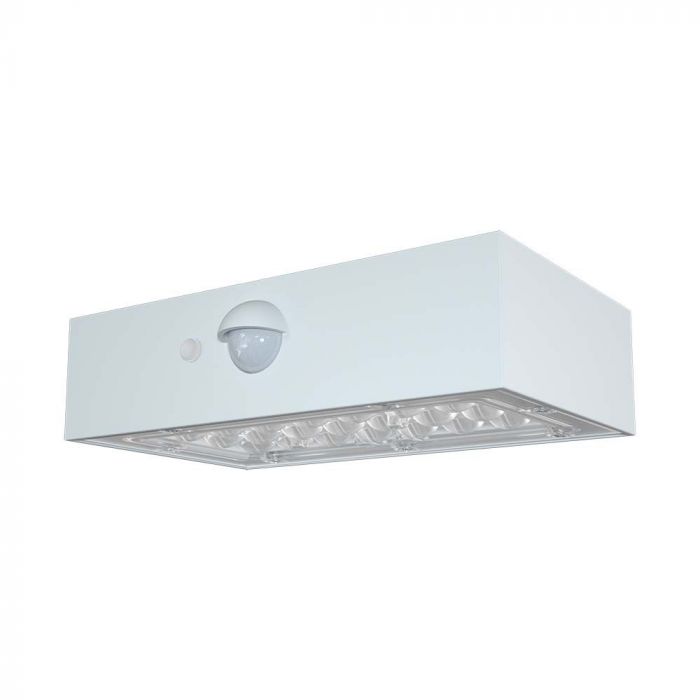 3W(350Lm) LED-solcellsfrontarmatur med PIR-sensor, V-TAC, IP65, DC:3,2V LifePO4 6000mAh batteri, vit, 3000+4000K