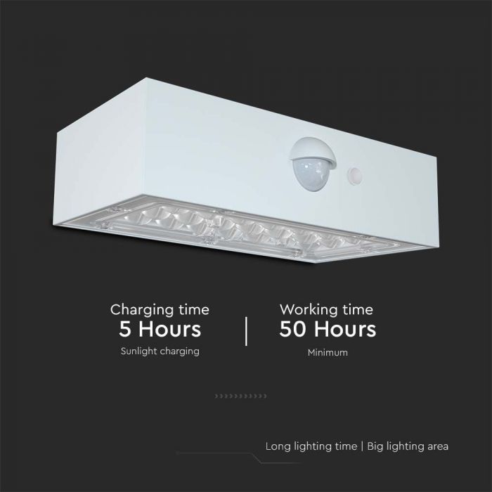 15W(2000Lm) LED solar facade light with PIR sensor, V-TAC, IP65, DC:3.2V LifePO4 6000mAh Battery, white, 3000+4000K