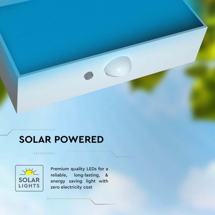 Фронтальный светодиодный солнечный светильник 3W(350Lm) с PIR датчиком, V-TAC, IP65, DC:3.2V LifePO4 6000mAh Battery, белый, 3000+4000K