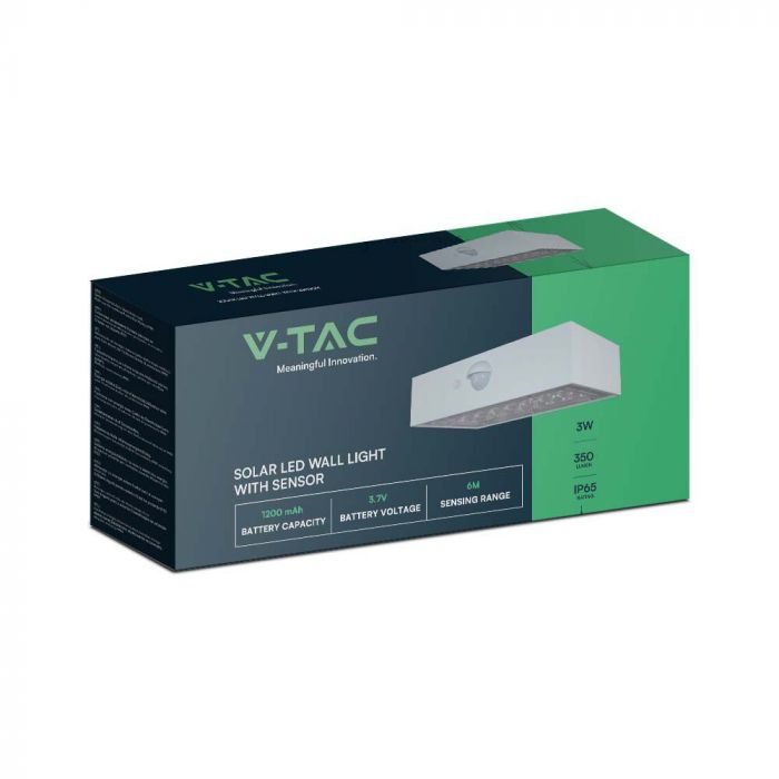 3W (350Lm) LED päikesepaneeliga esivalgusti PIR-anduriga, V-TAC, IP65, DC: 3.2V LifePO4 6000mAh aku, valge, 3000+4000K