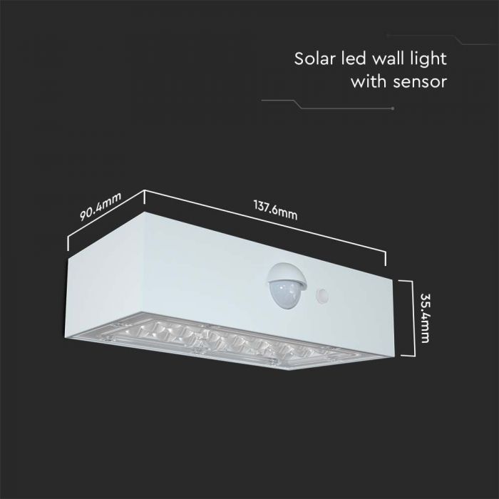 3W(350Lm) LED solar front luminaire with PIR sensor, V-TAC, IP65, DC:3.2V LifePO4 6000mAh Battery, white, 3000+4000K