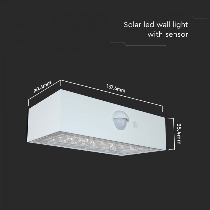 3W(350Lm) LED solārais fasādes gaismeklis ar PIR sensoru, V-TAC, IP65,  DC:3.2V LifePO4 6000mAh Battery, balts, 3000+4000K