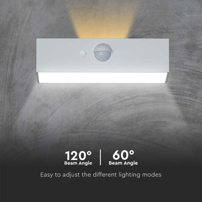 3W (350Lm) LED päikesepaneeliga esivalgusti PIR-anduriga, V-TAC, IP65, DC: 3.2V LifePO4 6000mAh aku, valge, 3000+4000K