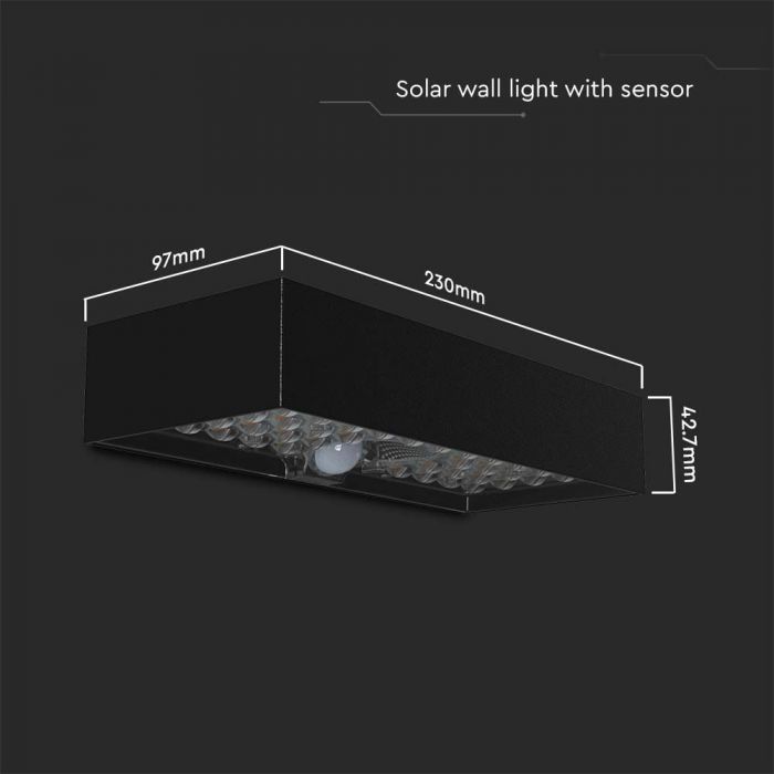 6W(900Lm) LED solārais sienas gaismeklis ar PIR sensoru, IP65,  3.7V, Lithium 3000mAh Battery,  230x97x42.7mm, melns, neitrāli balta gaisma 4000K