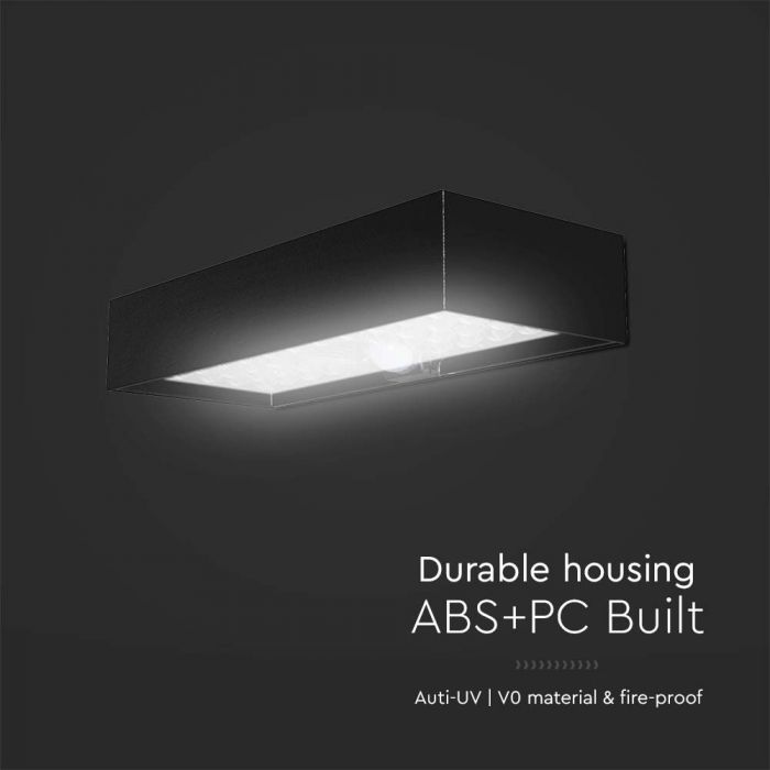 6W(900Lm) LED solārais sienas gaismeklis ar PIR sensoru, IP65,  3.7V, Lithium 3000mAh Battery,  230x97x42.7mm, melns, neitrāli balta gaisma 4000K