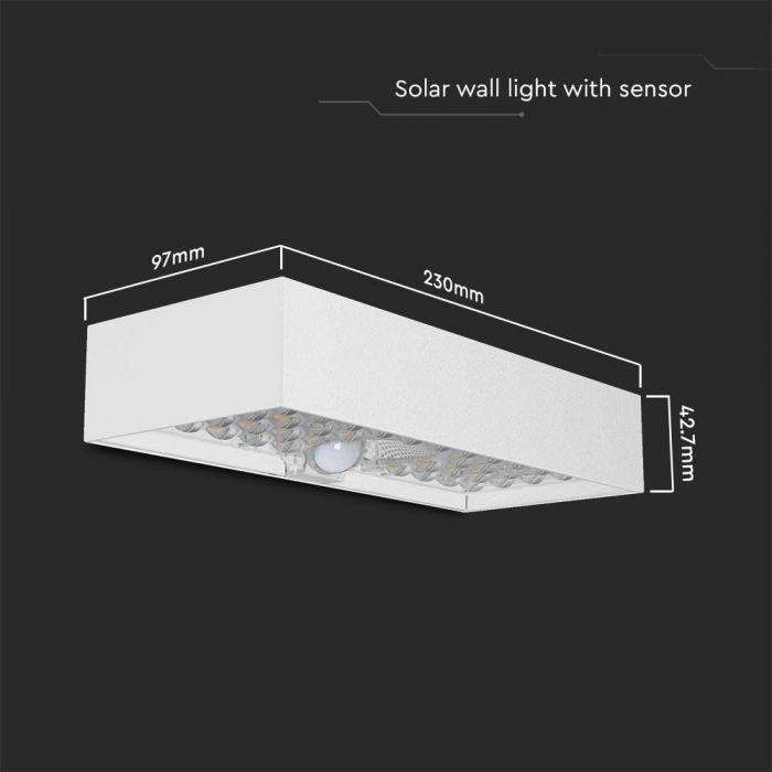 6W(900Lm) 3.7V 35 LED solārais fasādes gaismeklis ar PIR sensoru, V-TAC, IP65, balts, kvadrāta, 3.7V, Lithium 3000mAh Battery, neitrāli balta gaisma 4000K