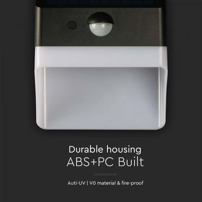 2W(200Lm) LED solārais fasādes gaismeklis ar PIR sensoru, V-TAC, IP65,  3.7V, Lithium 1200mAh Battery, neitrāli balta gaisma 4000K