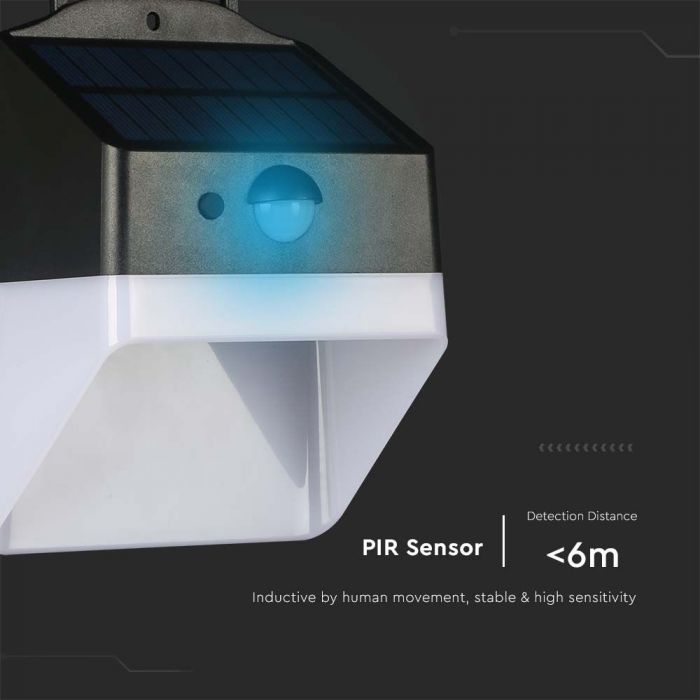 2W(200Lm) LED solārais fasādes gaismeklis ar PIR sensoru, V-TAC, IP65,  3.7V, Lithium 1200mAh Battery, neitrāli balta gaisma 4000K