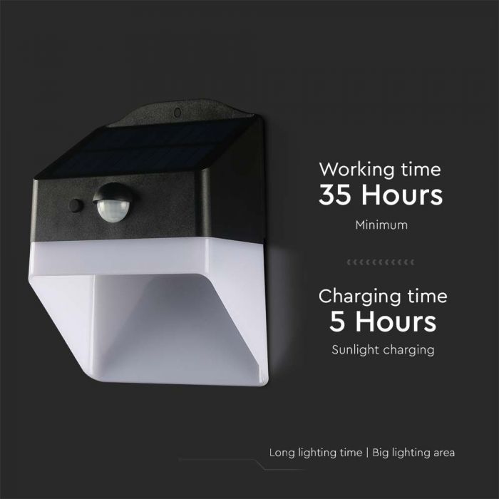 2W(200Lm) LED solārais fasādes gaismeklis ar PIR sensoru, V-TAC, IP65,  3.7V, Lithium 1200mAh Battery, neitrāli balta gaisma 4000K