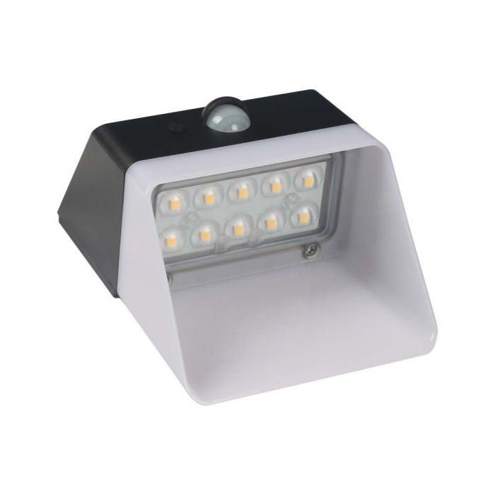 2W(200Lm) LED solārais fasādes gaismeklis ar PIR sensoru, V-TAC, IP65,  3.7V, Lithium 1200mAh Battery, neitrāli balta gaisma 4000K