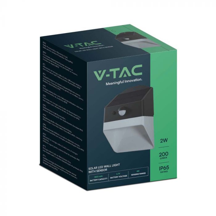 2W(200Lm) LED solārais fasādes gaismeklis ar PIR sensoru, V-TAC, IP65,  3.7V, Lithium 1200mAh Battery, neitrāli balta gaisma 4000K