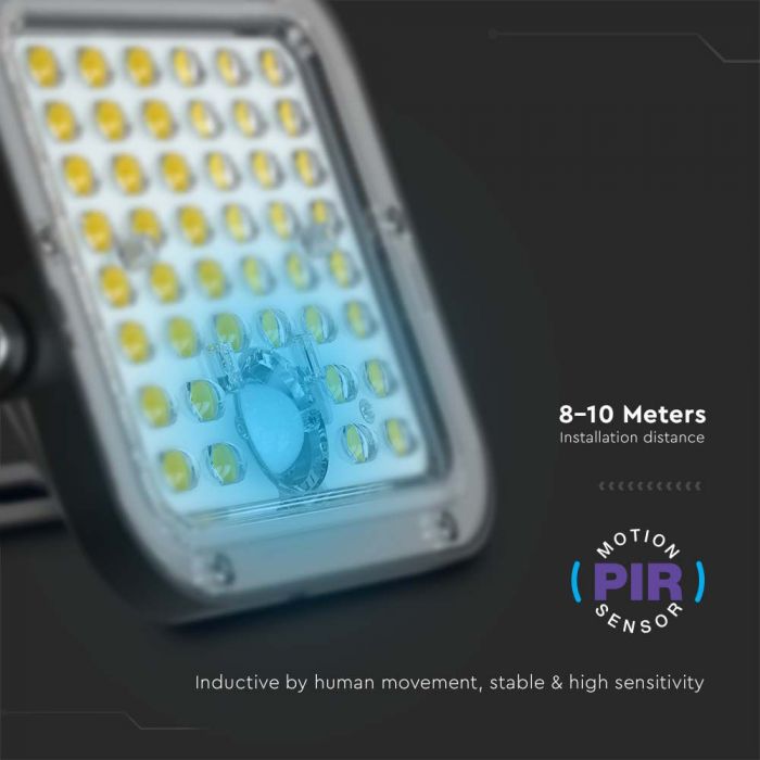 30W(4800Lm) LED prožektors ar saules bateriju, IP65, V-TAC,   6.4V, 6000mAh LiFePO4 Battery, 12.5W solārais panelis, ar PIR kustību sensoru un tālvadības pulti, melns, auksti balta gaisma 6400K