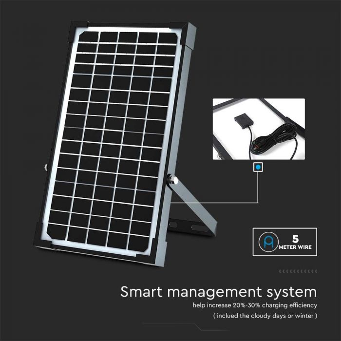 30W(4800Lm) LED prožektors ar saules bateriju, IP65, V-TAC,   6.4V, 6000mAh LiFePO4 Battery, 12.5W solārais panelis, ar PIR kustību sensoru un tālvadības pulti, melns, auksti balta gaisma 6400K