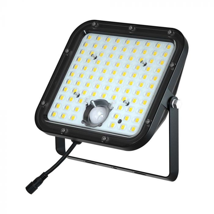 30W(4800Lm) LED prožektors ar saules bateriju, IP65, V-TAC, 6.4V, 6000mAh LiFePO4 Battery, 12.5W solārais panelis, ar PIR kustību sensoru un tālvadības pulti, melns, neitrāli balta gaisma 4000K