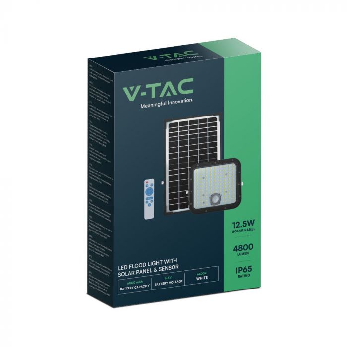 30W(4800Lm) LED prožektors ar saules bateriju, IP65, V-TAC,   6.4V, 6000mAh LiFePO4 Battery, 12.5W solārais panelis, ar PIR kustību sensoru un tālvadības pulti, melns, auksti balta gaisma 6400K