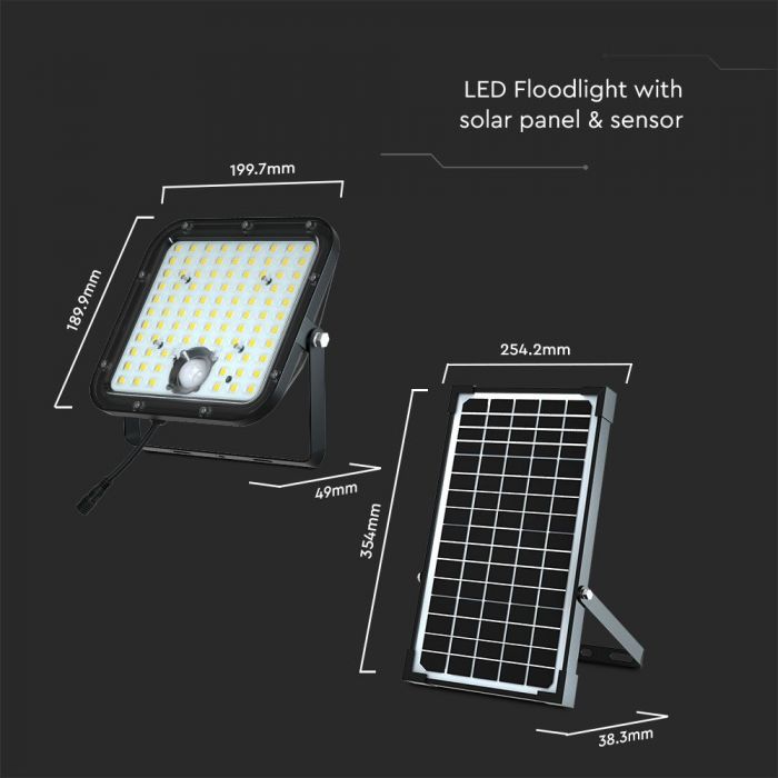 30W(4800Lm) LED prožektors ar saules bateriju, IP65, V-TAC, 6.4V, 6000mAh LiFePO4 Battery, 12.5W solārais panelis, ar PIR kustību sensoru un tālvadības pulti, melns, neitrāli balta gaisma 4000K