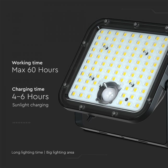 30W(4800Lm) LED prožektors ar saules bateriju, IP65, V-TAC,   6.4V, 6000mAh LiFePO4 Battery, 12.5W solārais panelis, ar PIR kustību sensoru un tālvadības pulti, melns, auksti balta gaisma 6400K