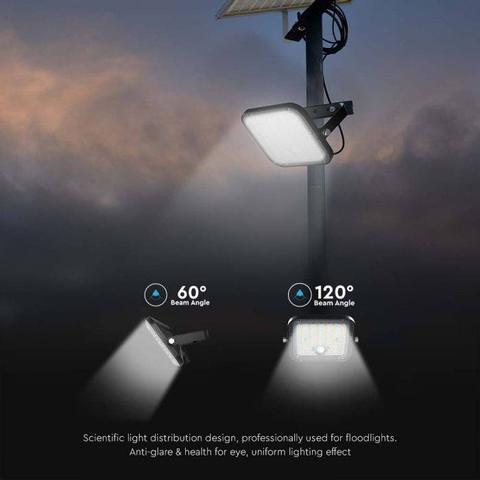 30W(4800Lm) LED prožektors ar saules bateriju, IP65, V-TAC,   6.4V, 6000mAh LiFePO4 Battery, 12.5W solārais panelis, ar PIR kustību sensoru un tālvadības pulti, melns, auksti balta gaisma 6400K