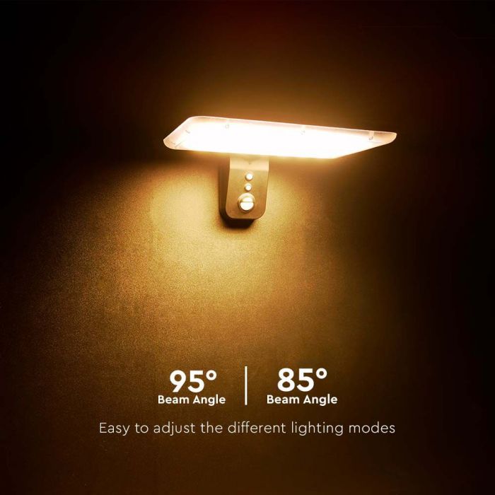 15W(2000Lm) LED solārais fasādes gaismeklis ar PIR sensoru, V-TAC, IP65,  DC:3.2V LifePO4 6000mAh Battery, melns, 6000K+4000K
