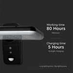 15W (2000Lm) LED päikesepaneeliga esivalgusti PIR-anduriga, V-TAC, IP65, DC:3.2V LifePO4 6000mAh aku, must, 6000K+4000K