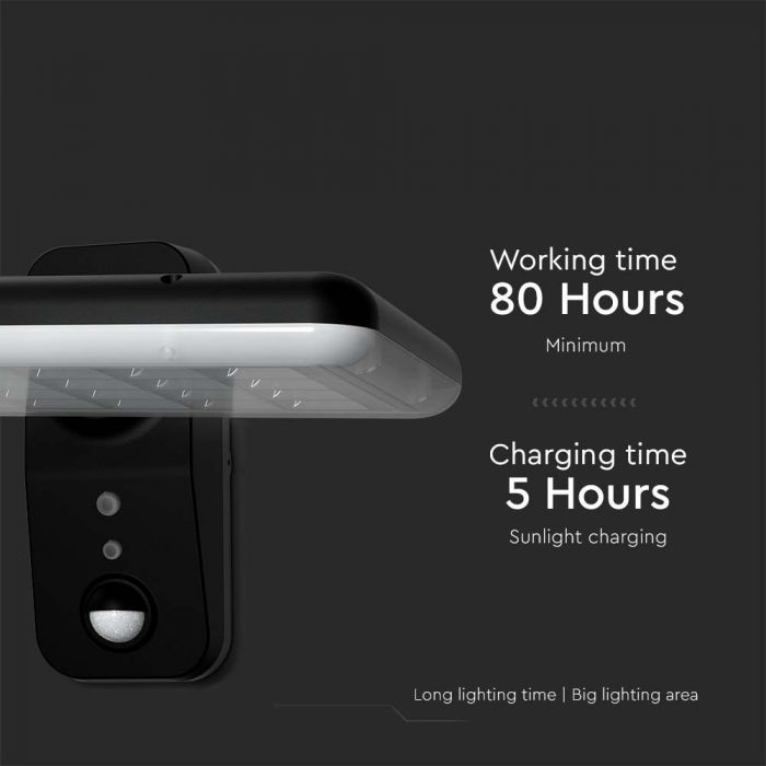 15W (2000Lm) LED päikesepaneeliga esivalgusti PIR-anduriga, V-TAC, IP65, DC:3.2V LifePO4 6000mAh aku, must, 6000K+4000K
