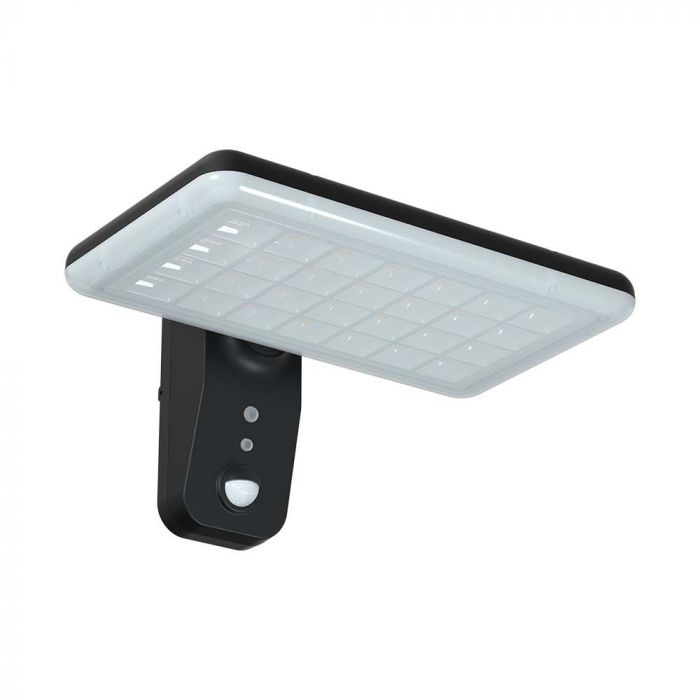 15W(2000Lm) LED solārais fasādes gaismeklis ar PIR sensoru, V-TAC, IP65,  DC:3.2V LifePO4 6000mAh Battery, melns, 6000K+4000K