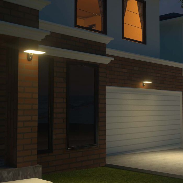 15W(2000Lm) LED solārais fasādes gaismeklis ar PIR sensoru, V-TAC, IP65,  DC:3.2V LifePO4 6000mAh Battery, melns, 6000K+4000K