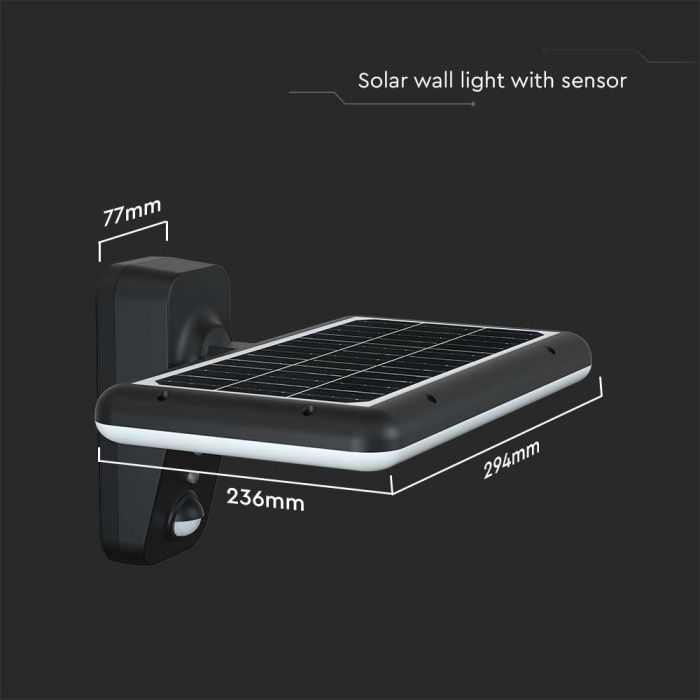 15W(2000Lm) LED solārais fasādes gaismeklis ar PIR sensoru, V-TAC, IP65,  DC:3.2V LifePO4 6000mAh Battery, melns, 6000K+4000K