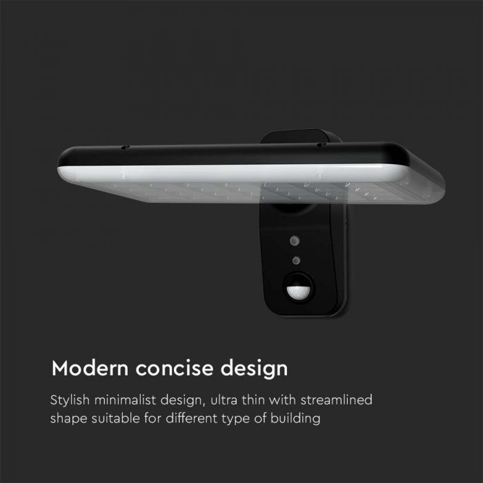 15W(2000Lm) LED solārais fasādes gaismeklis ar PIR sensoru, V-TAC, IP65,  DC:3.2V LifePO4 6000mAh Battery, melns, 6000K+4000K