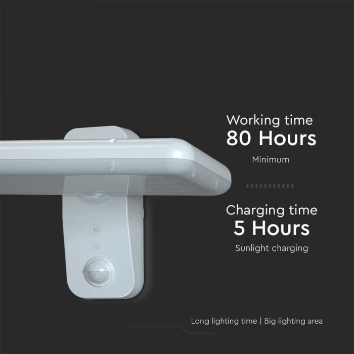 15W(2000Lm) LED solārais fasādes gaismeklis ar PIR sensoru, V-TAC, IP65,  DC:3.2V LifePO4 6000mAh Battery, balts, 6000K+4000K