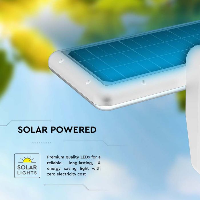 15W(2000Lm) LED solārais fasādes gaismeklis ar PIR sensoru, V-TAC, IP65,  DC:3.2V LifePO4 6000mAh Battery, balts, 6000K+4000K