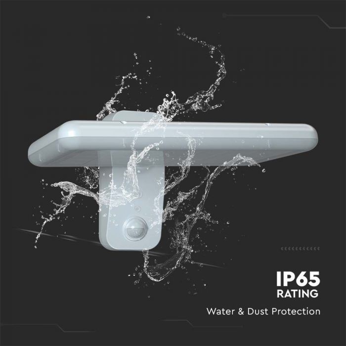 15W(2000Lm) LED solārais fasādes gaismeklis ar PIR sensoru, V-TAC, IP65,  DC:3.2V LifePO4 6000mAh Battery, balts, 6000K+4000K