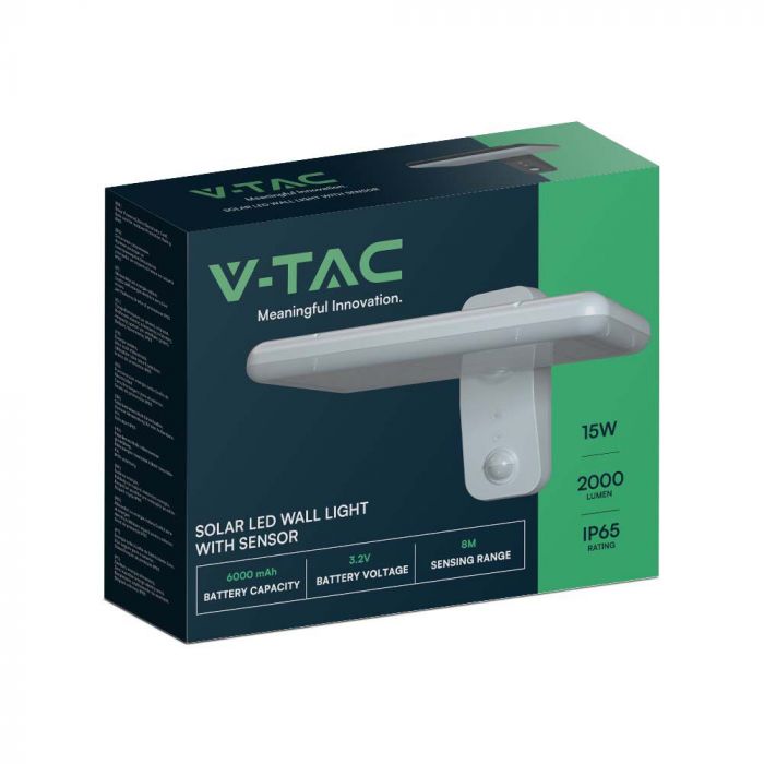 15W(2000Lm) LED solārais fasādes gaismeklis ar PIR sensoru, V-TAC, IP65,  DC:3.2V LifePO4 6000mAh Battery, balts, 6000K+4000K