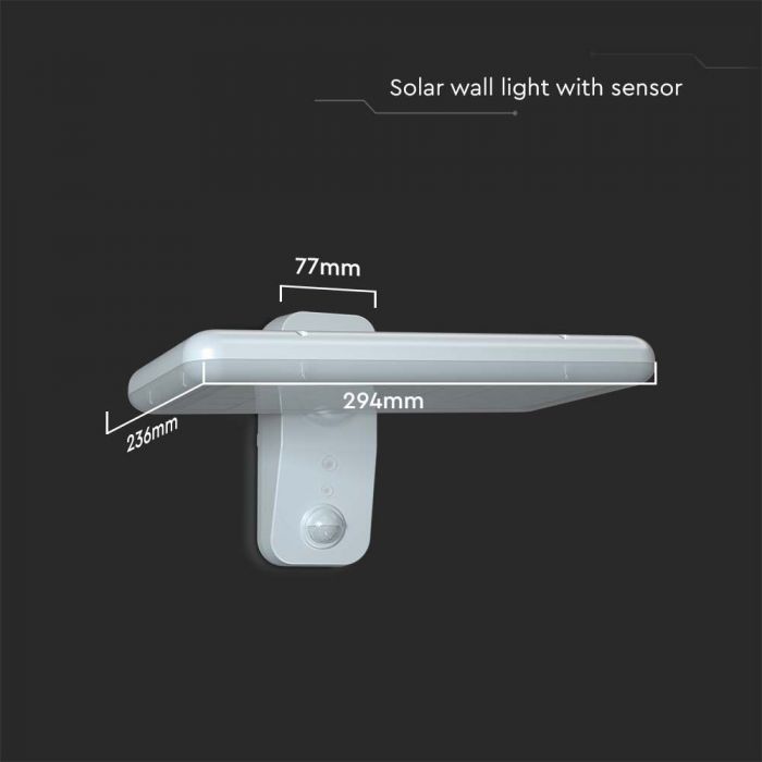 15W(2000Lm) LED solārais fasādes gaismeklis ar PIR sensoru, V-TAC, IP65,  DC:3.2V LifePO4 6000mAh Battery, balts, 6000K+4000K