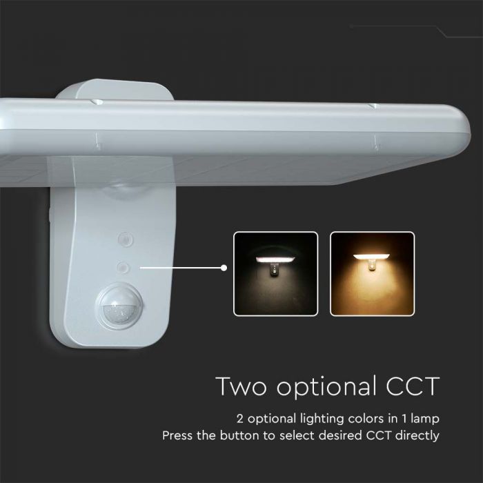 15W(2000Lm) LED solārais fasādes gaismeklis ar PIR sensoru, V-TAC, IP65,  DC:3.2V LifePO4 6000mAh Battery, balts, 6000K+4000K