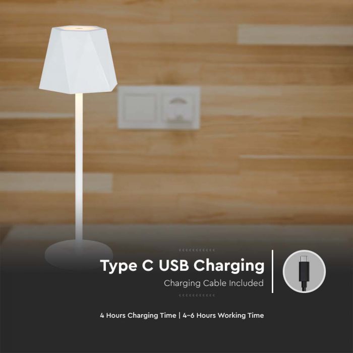 4W(150Lm) LED-bordslampa, IP20, V-TAC, vit, DC:5V, 1800mAh litiumbatteri, 3IN1