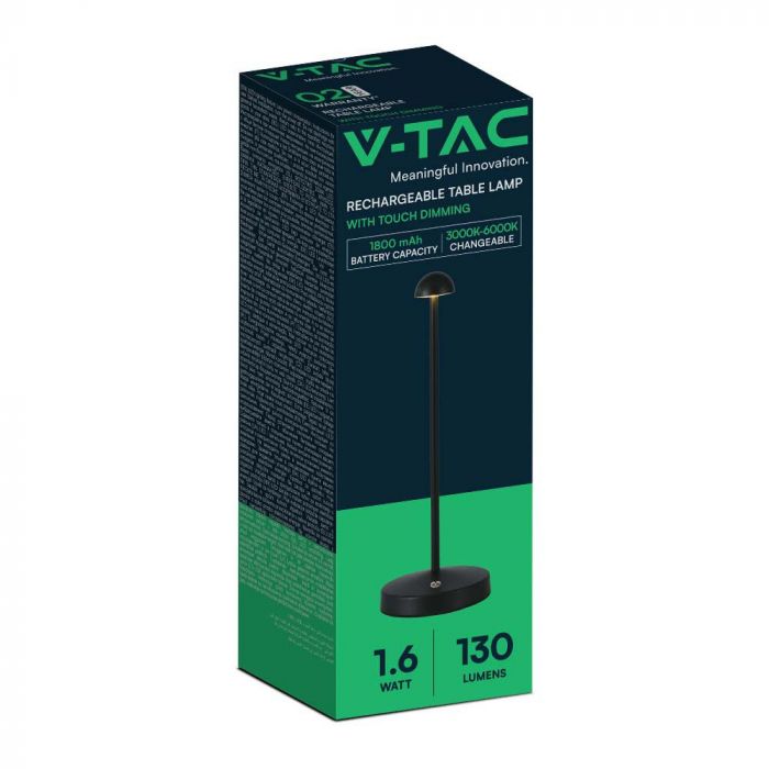 1,6W(130Lm) LED skrivbordslampa, V-TAC, IP20, DC:5V, 1800mAh litiumbatteri, svart, 3IN1